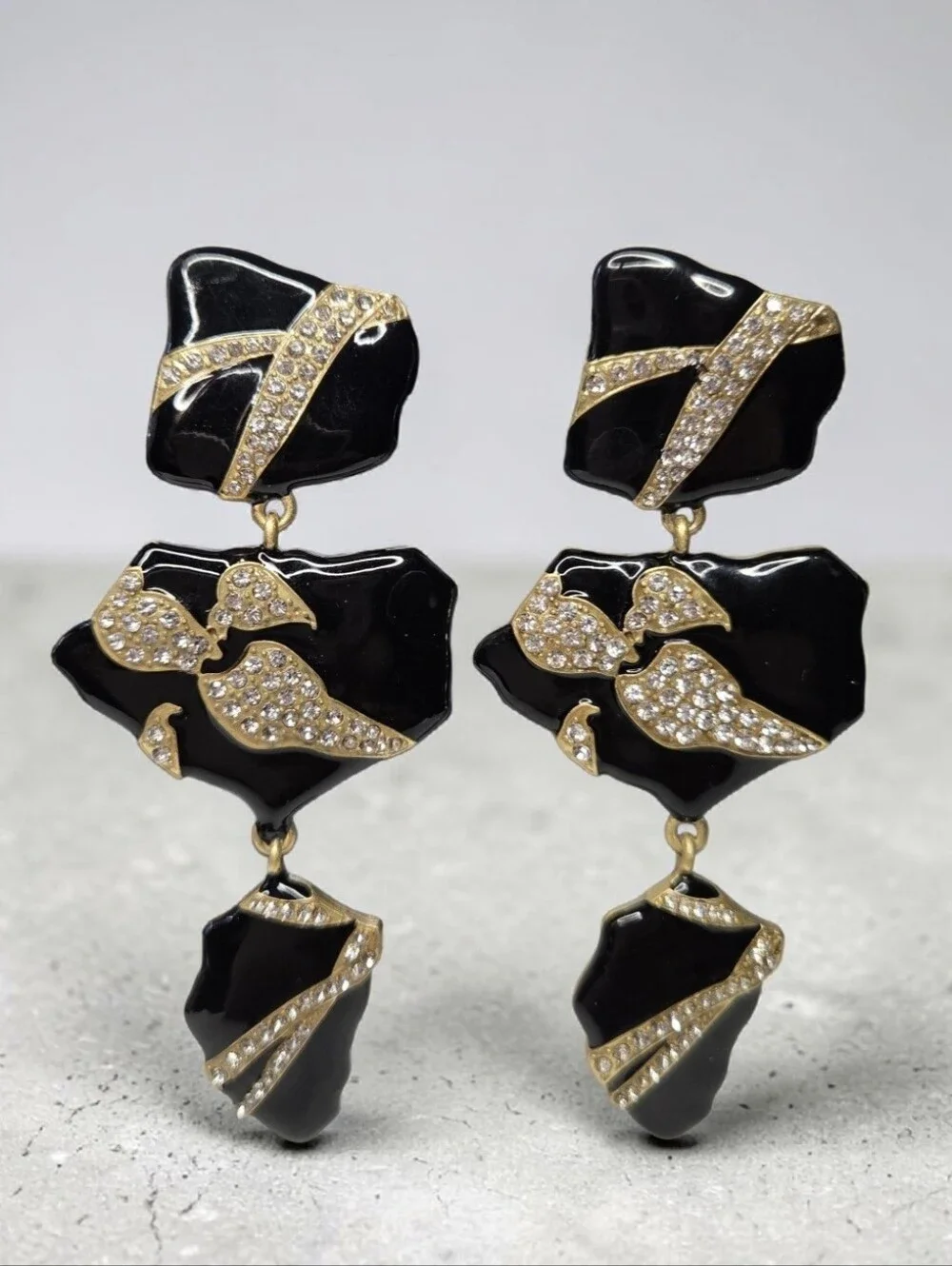 18k Gold Plated Oversized Onyx Enamel Pave Zircon Crystal Dangle Earrings
